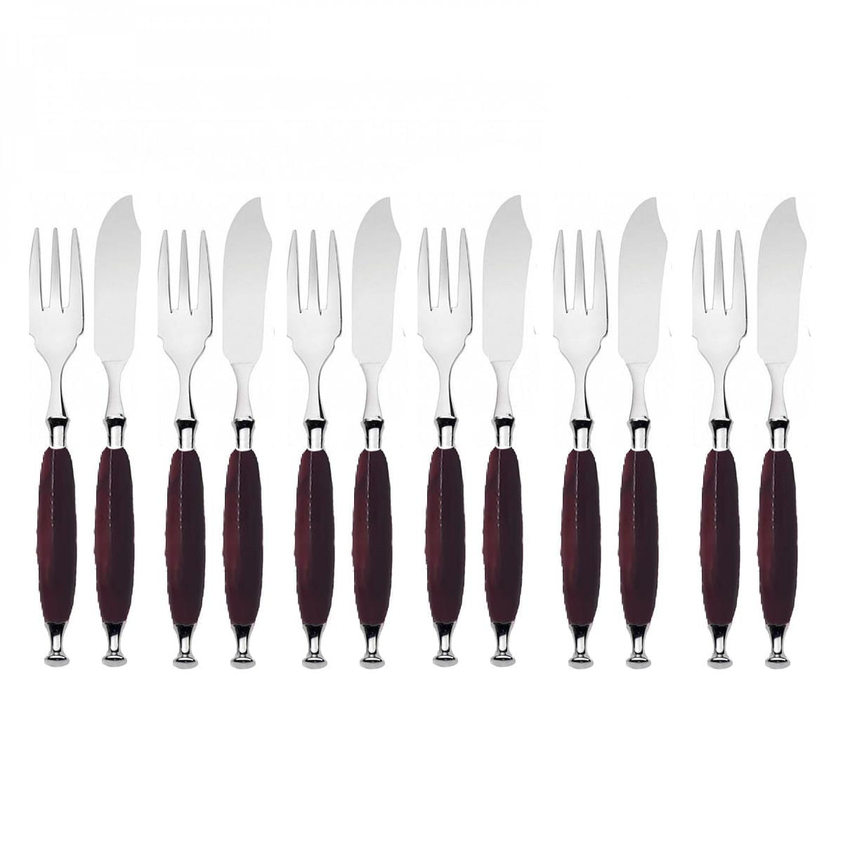 Jogo Garfo e Faca Peixe Cozinha 12 Pçs Bordô Country Bugatti