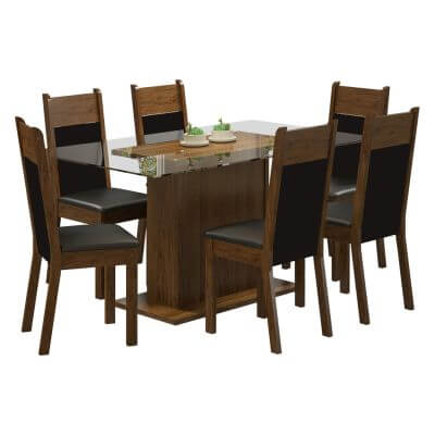 Conjunto Sala de Jantar Madesa Atlanta Mesa Tampo de Vidro com 6 Cadeiras Rustic/Preto/Sintético Preto