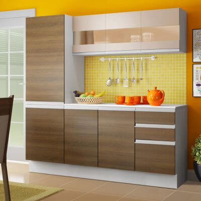 Cozinha Compacta 100% MDF Madesa Smart 170 cm Modulada Com Armário, Balcão e Tampo Branco/Rustic/Crema
