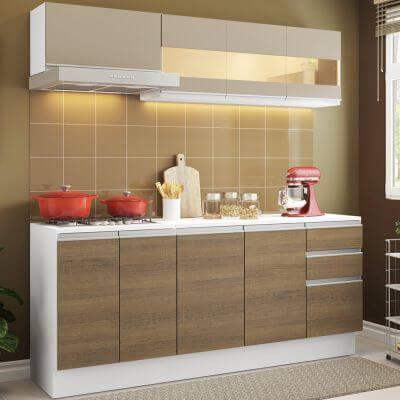 Cozinha Compacta 100% MDF Madesa Smart 180 cm Modulada Com Balcão e Tampo Branco/Rustic/Crema