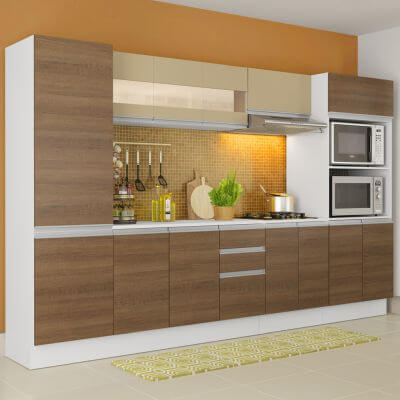 Cozinha Completa 100% MDF Madesa Smart 300 cm Modulada Com Armário, Balcão e Tampo Branco/Rustic/Crema