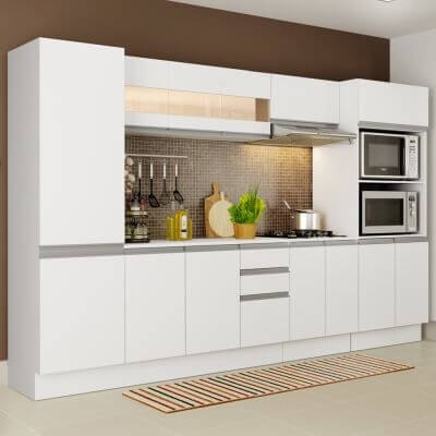 Cozinha Completa 100% MDF Madesa Smart 300 cm Modulada Com Armário, Balcão e Tampo Branco