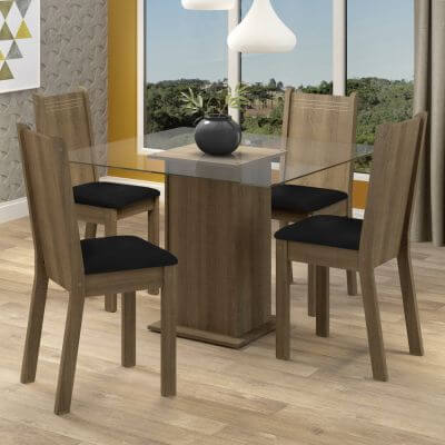 Conjunto Sala de Jantar Madesa Maya Mesa Tampo de Vidro com 4 Cadeiras Rustic/Sintético Preto