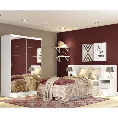 Quarto Completo com Guarda Roupa Luke 2 Portas de Espelho e Cabeceira com 2 Mesas de Cabeceira Madesa Branco Menor preço em Quarto Completo com Guarda Roupa Luke 2 Portas de Espelho e Cabeceira com 2 Mesas de Cabeceira Madesa Branco