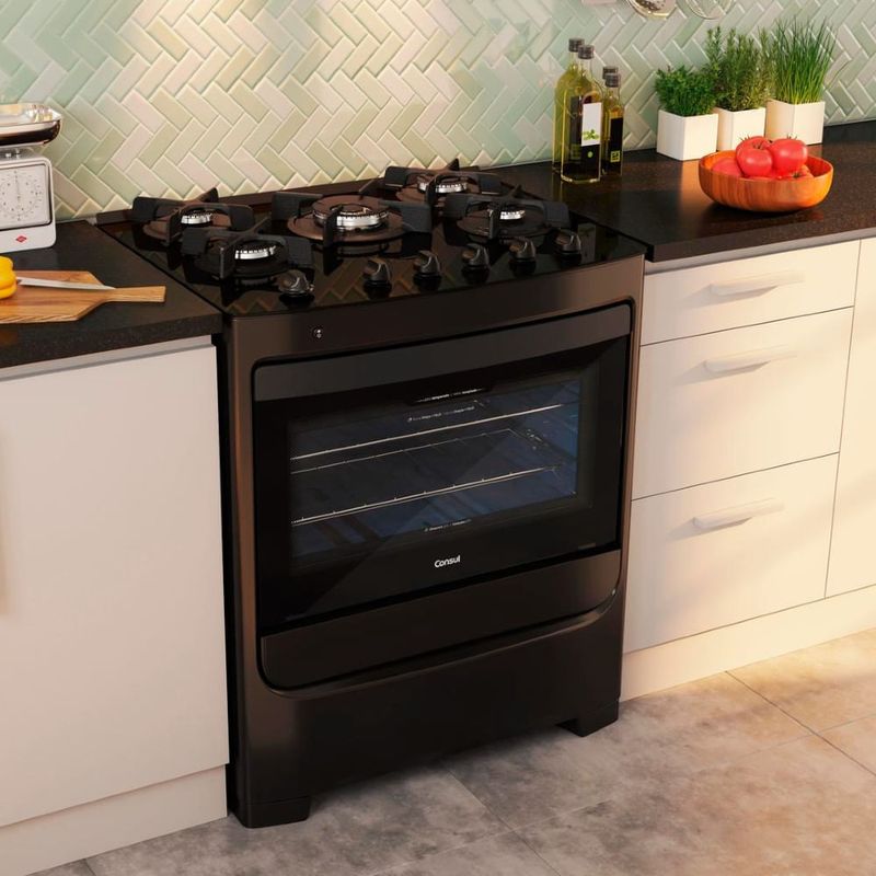 Fogão Consul 5 bocas Preto com mesa de vidro, chama dupla especial e