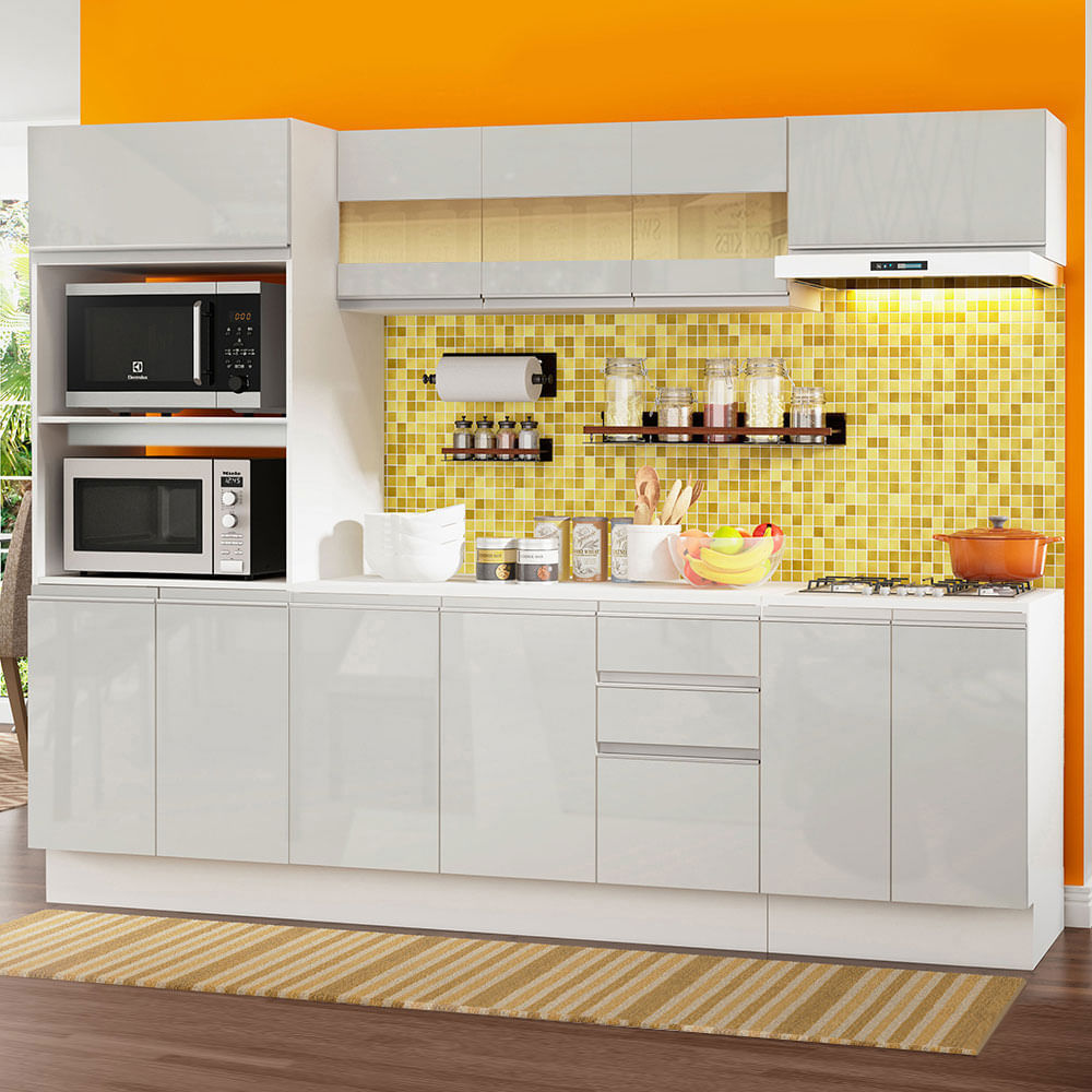 Cozinha Completa 100% MDF Madesa Smart 250 cm Modulada Com Balcão e Tampo Frentes Branco Brilho