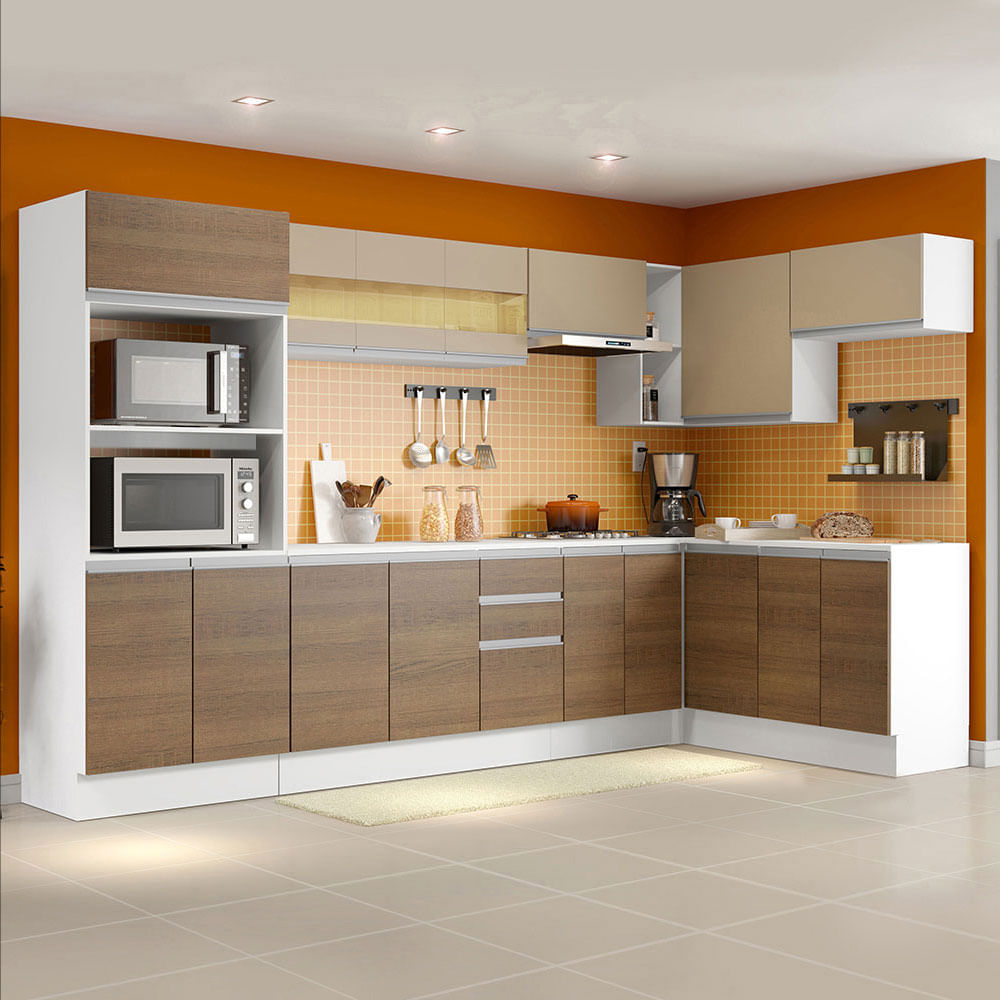 Armário de Cozinha Completa de Canto Madesa Smart 100 MDF Modulada Branco/Rustic/Crema