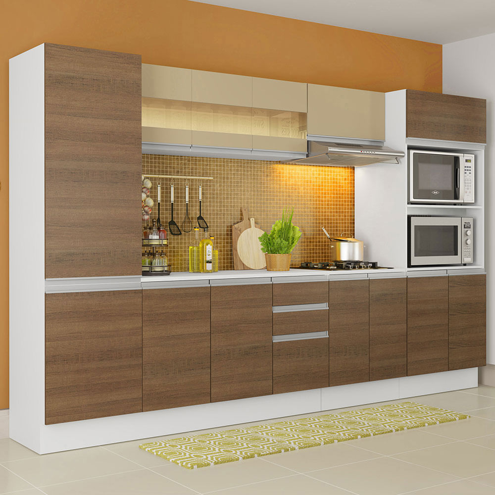 Armário de Cozinha Completa Madesa Smart 100 MDF 300 cm com Balcão e Tampo Branco/Rustic