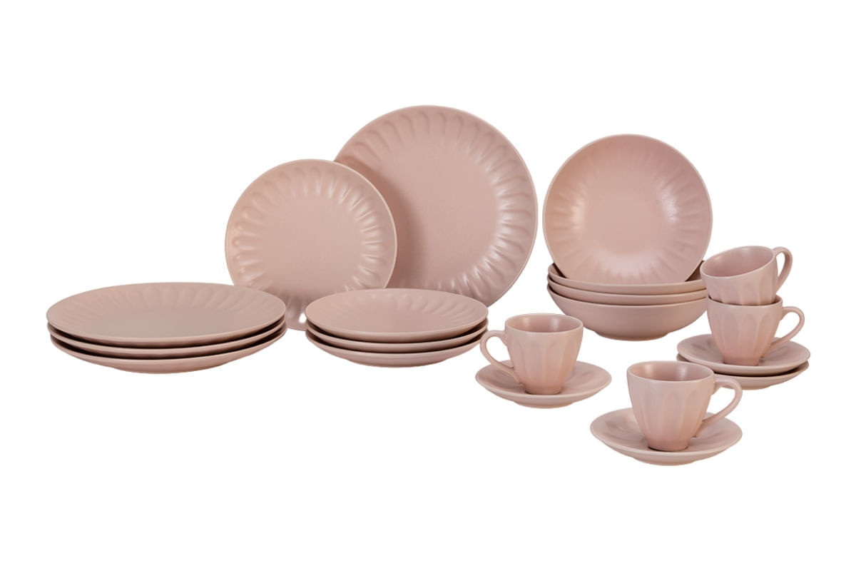 Aparelho de jantar Haus Concept 30 peças rosa fosco - Linha Decorato - O conjunto serve 6 pessoas em cerâmica, com design clássico e aconchegante.