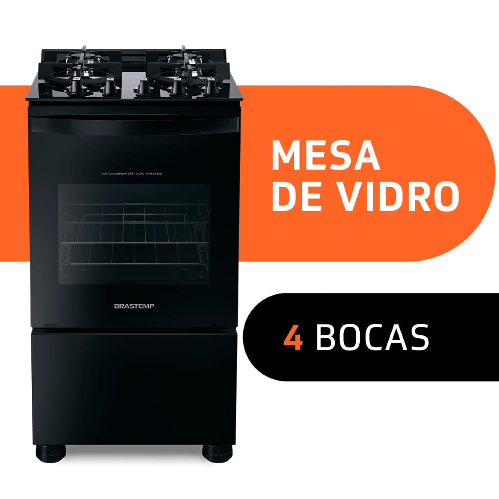 Fogão Brastemp 4 Bocas Preto com mesa de vidro e grades duplas de ferro