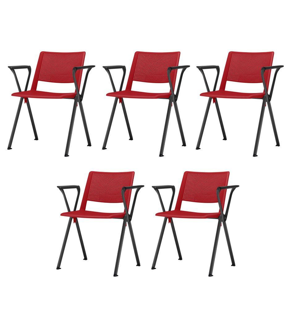 Kit 5 Cadeiras Up com Bracos Assento Vermelho Base Fixa Preta - 57840