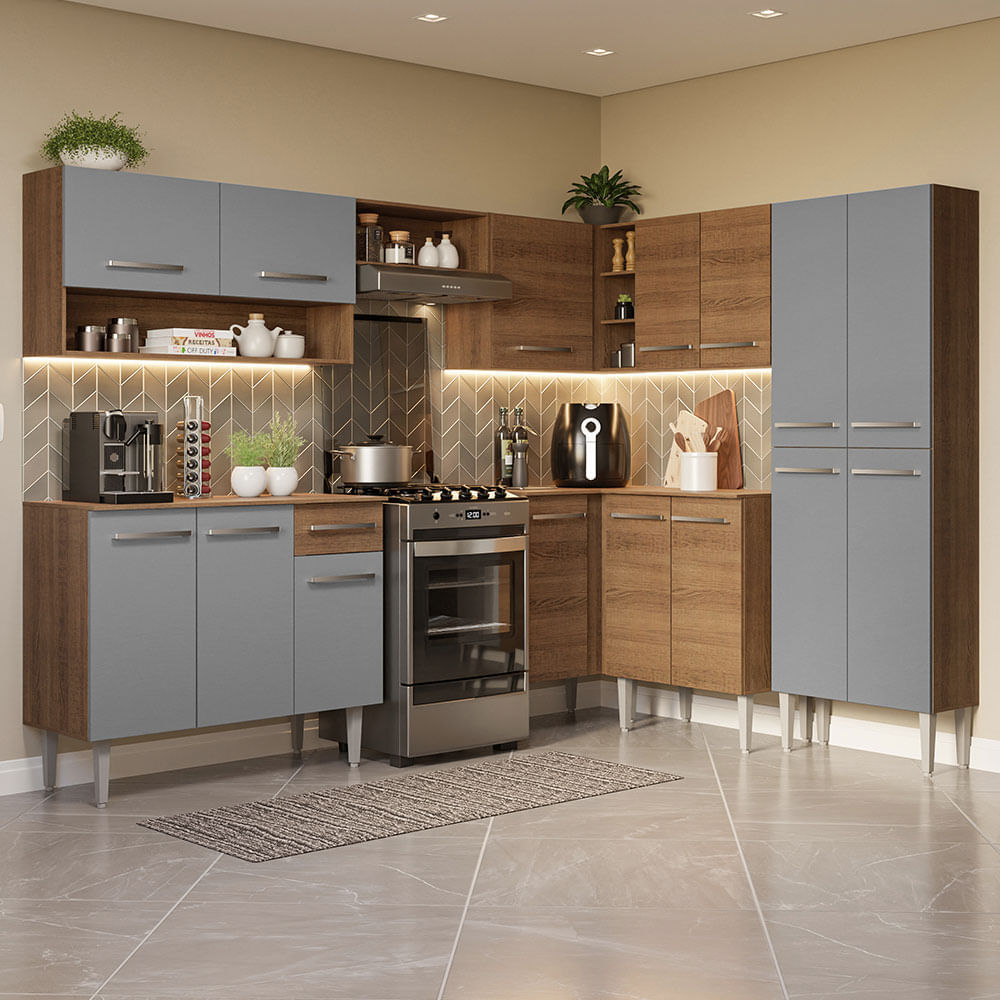 Armário de Cozinha Completa de Canto 417cm Rustic/Cinza Emilly Madesa 02