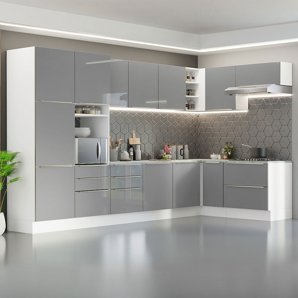 Armário de Cozinha Completa de Canto 546cm Branco/Cinza Lux Madesa 05