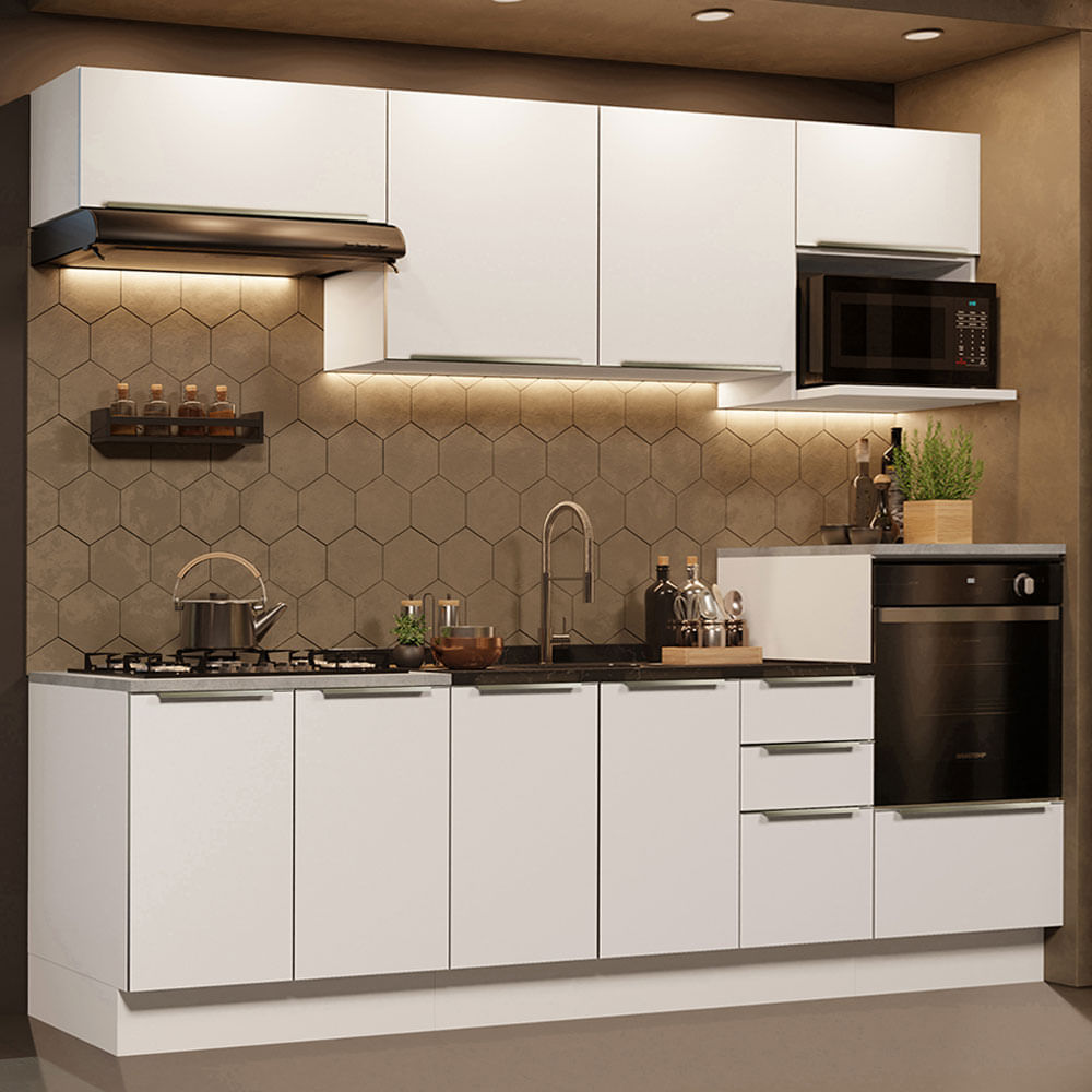 Armário de Cozinha Planejada 260cm Branco/Branco Veludo Lux Madesa 07