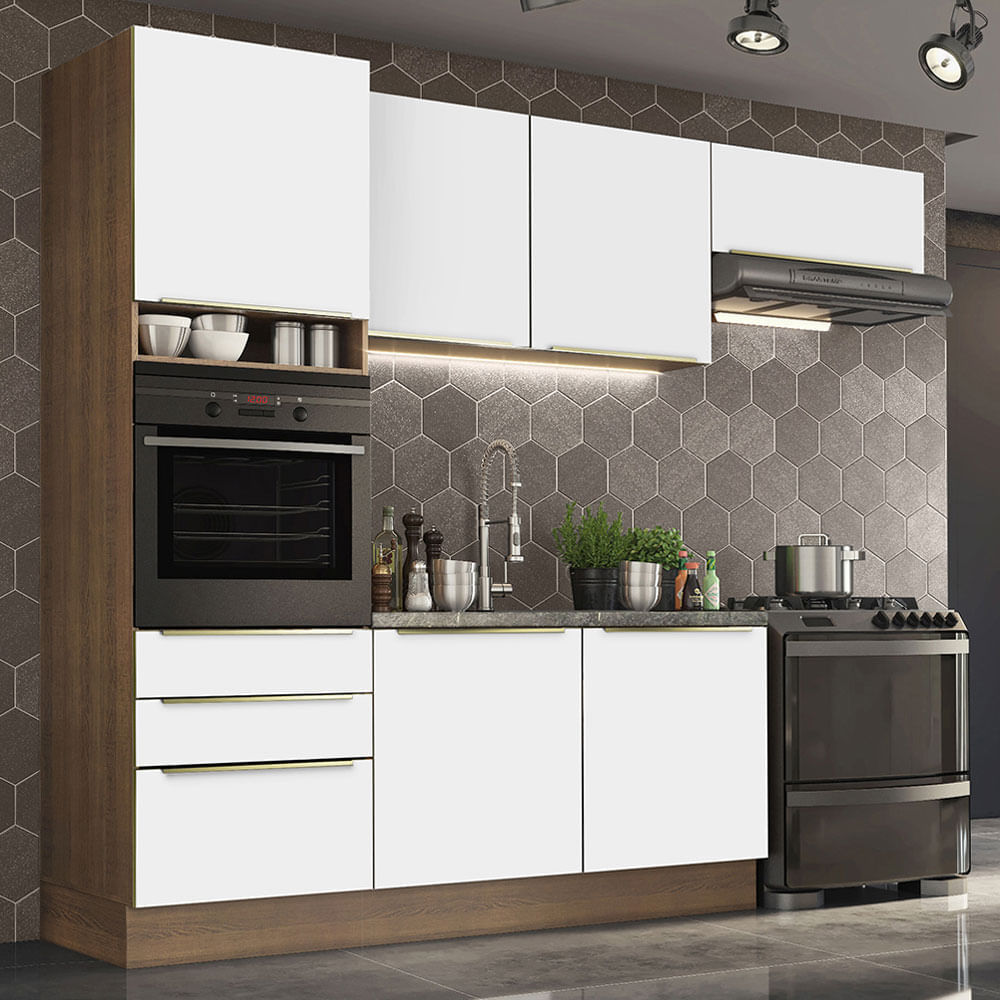 Armário de Cozinha Completa 260cm Rustic Branco Veludo Lux Madesa 03