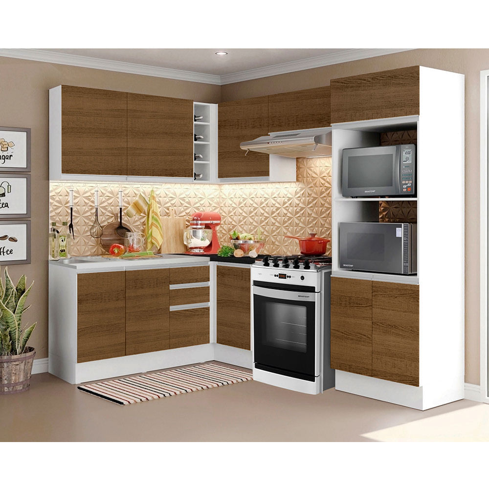 Armário de Cozinha Completa de Canto 100% MDF 419cm Branco/Rustic Acordes Madesa XA01