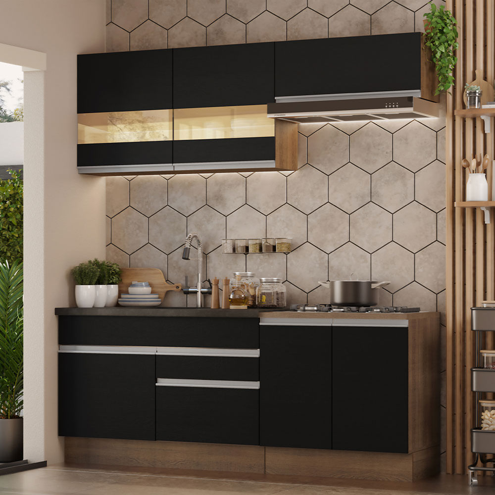 Armário de Cozinha Completa 200cm Rustic/Preto Glamy Madesa 07