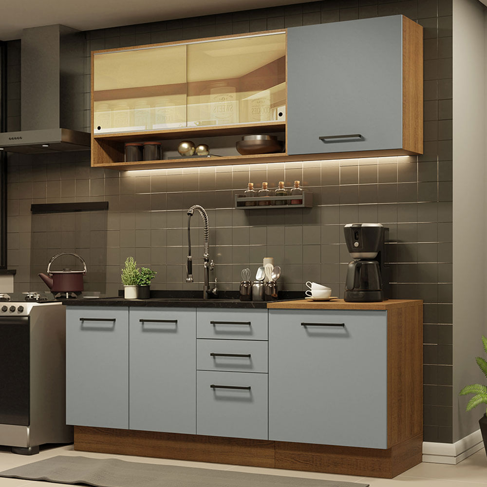 Armário de Cozinha Completa 180cm Rustic Cinza Agata Madesa 02