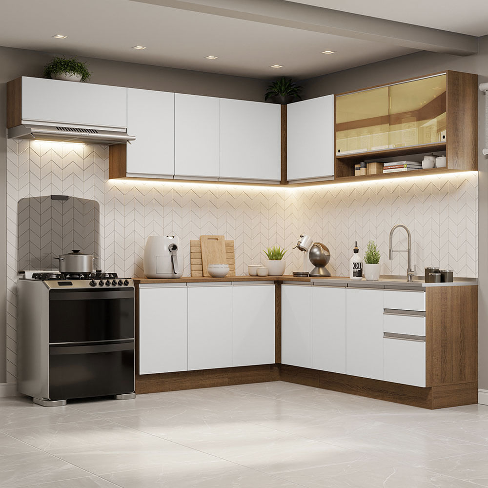 Armário de Cozinha Completa de Canto 469cm Rustic/Branco Glamy Madesa 01