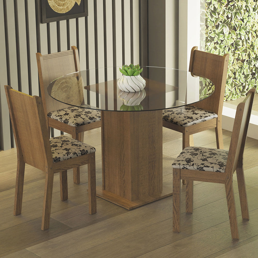 Conjunto Sala de Jantar Madesa Débora Mesa Tampo de Vidro Redondo 4 Cadeiras Rustic/Bege Marrom