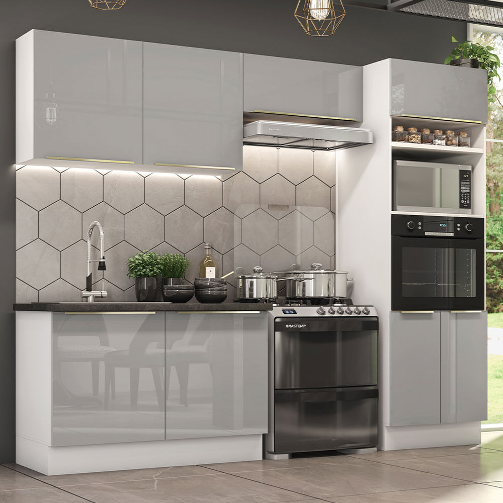 Armário de Cozinha Completa 270cm Branco Cinza Lux Madesa 01
