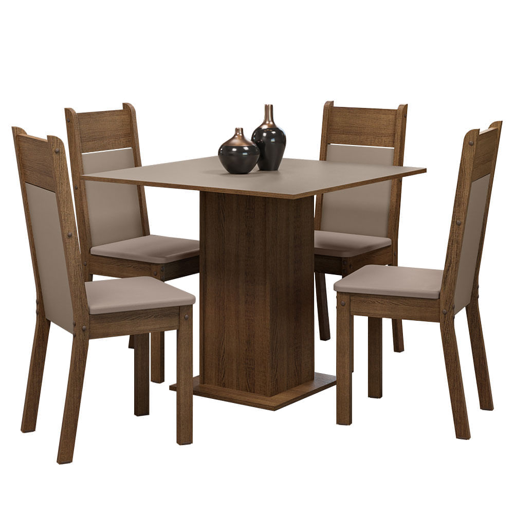 Conjunto Sala de Jantar Mesa Tampo de Madeira 4 Cadeiras Rustic/Crema/Sintético Bege Claire Madesa