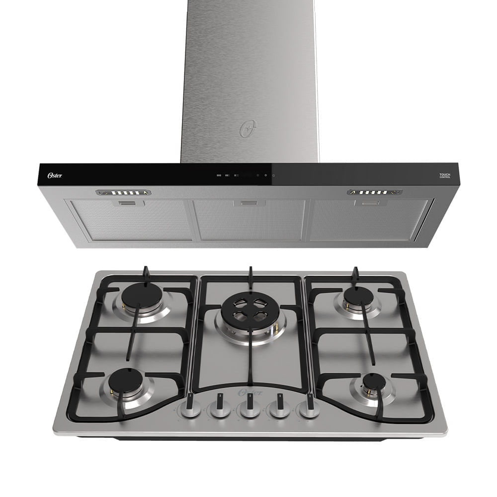 Kit Inox Cooktop a Gás 5 Bocas e Coifa de Ilha 90 cm Oster