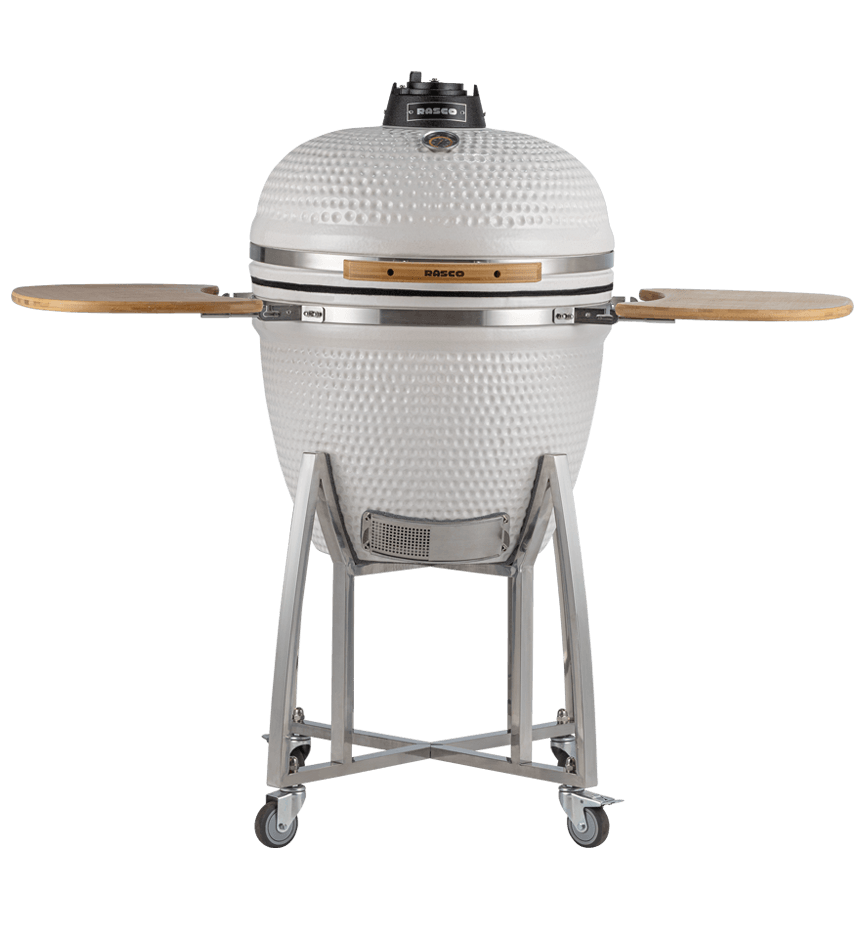 Churrasqueira Kamado Ultra da RASCO Branco c/ grelha aço inox suporte e mesas. Serve até 20 pessoas