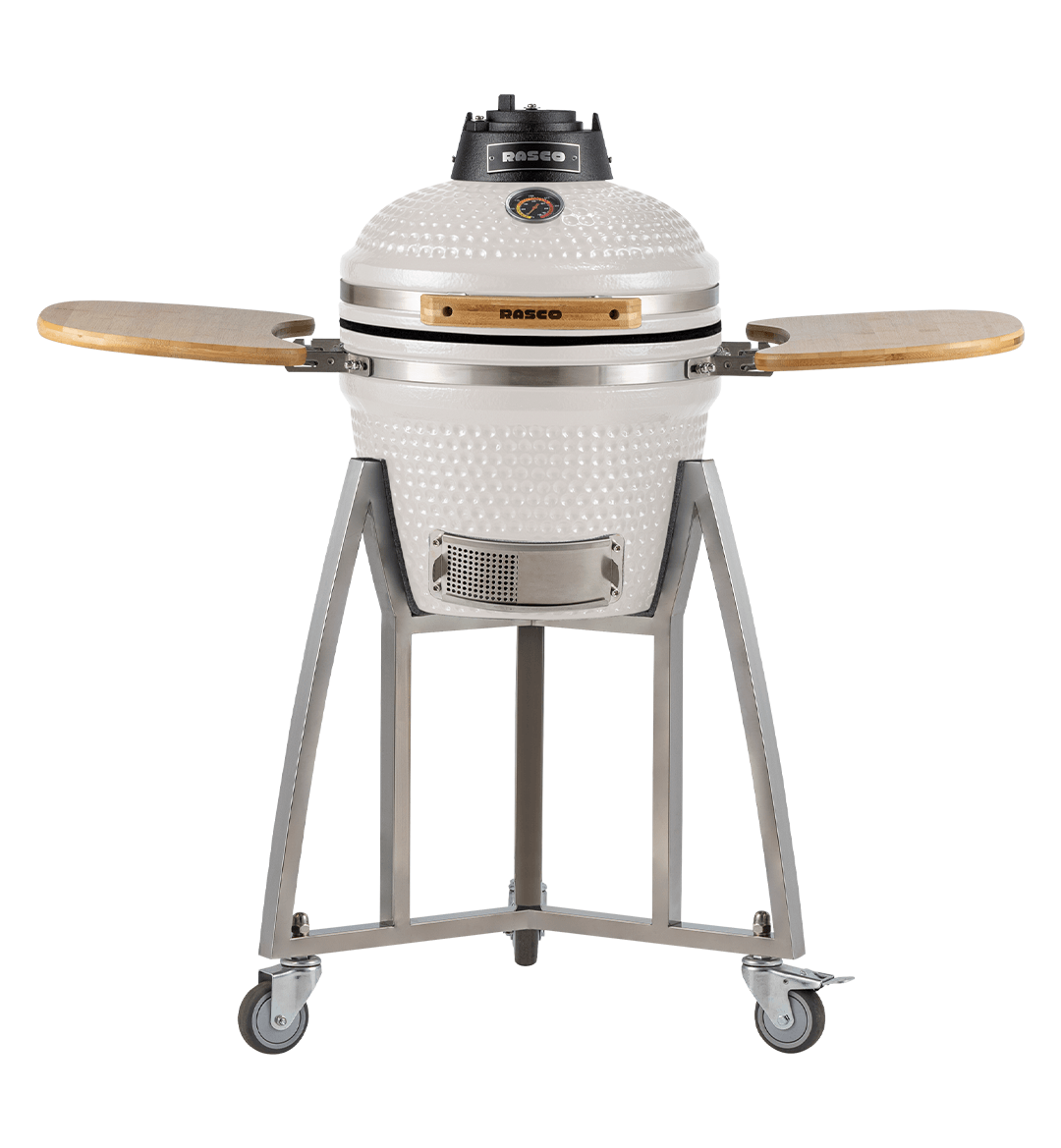 Churrasqueira Kamado Pequeno da RASCO Branco c/ grelha aço inox suporte e mesas. Serve até 5 pessoas