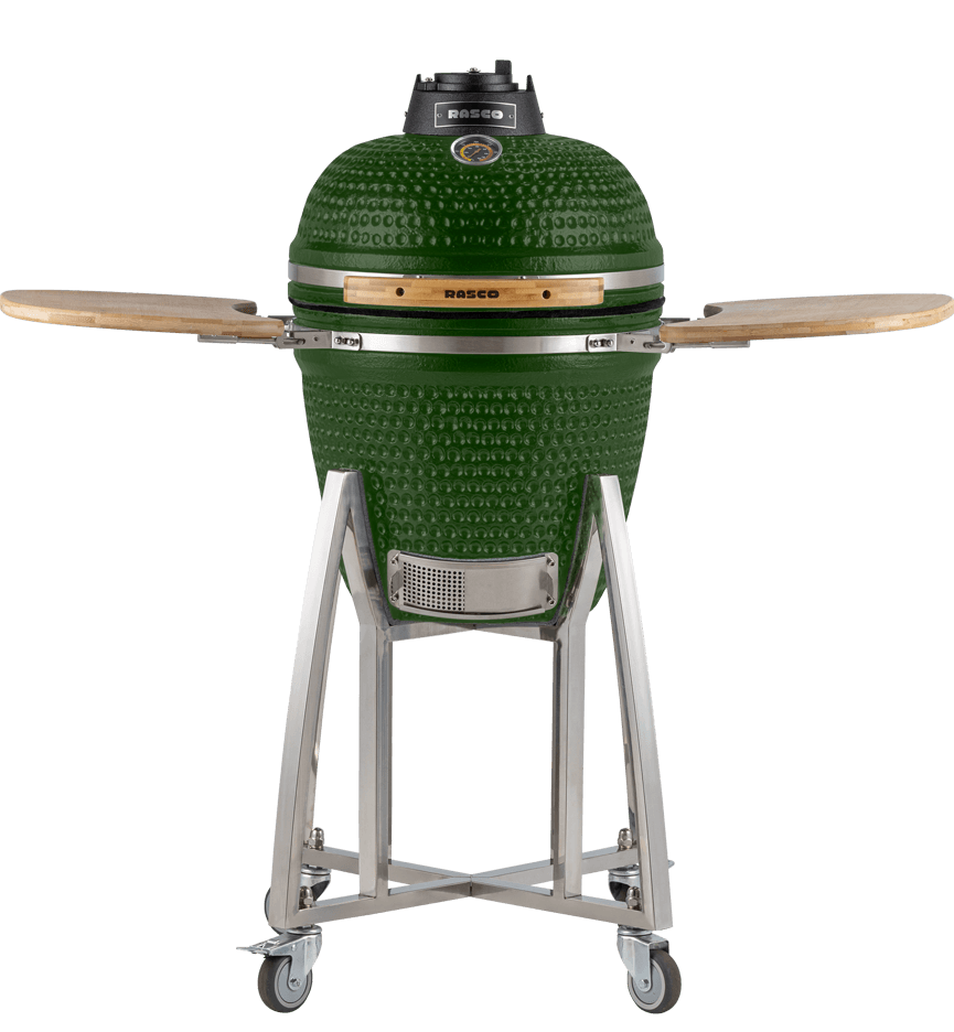 Churrasqueira Kamado Médio da RASCO Verde c/ grelha aço inox, suporte e mesas. Serve até 8 pessoas