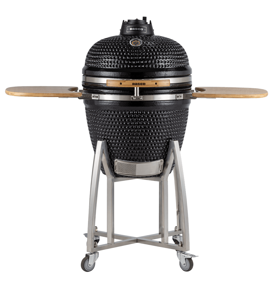 Churrasqueira Kamado Grande da RASCO Preto c/ grelha aço inox, suporte e mesas. Serve até 15 pessoas