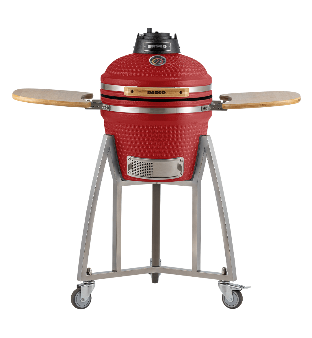 Churrasqueira Kamado Pequeno RASCO Vermelho c/ grelha aço inox, suporte e mesas. Ideal p/ 5 pessoas