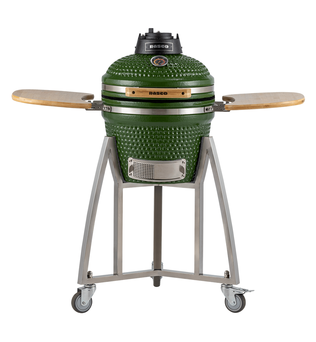 Churrasqueira Kamado Pequeno da RASCO Verde c/ grelha aço inox, suporte e mesas. Serve até 5 pessoas