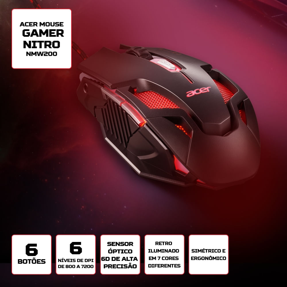 Mouse Gamer Óptico Acer Nitro NMW200 Gen 2LED Retroiluminado em 7 cores 6 botões 7200 DPI 125 MHz USB - Brinde