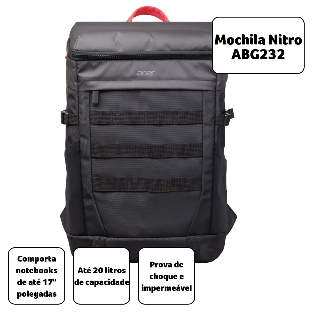 Mochila Acer Nitro Esportiva para Notebook 17” Prova da água e resistência a peso - ABG232 - Brinde
