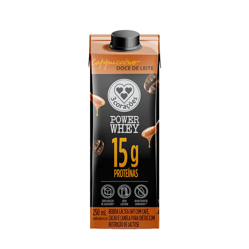 Bebida Proteica Power Whey Cappuccino Doce de Leite Sem Lactose 3 Corações 250ml