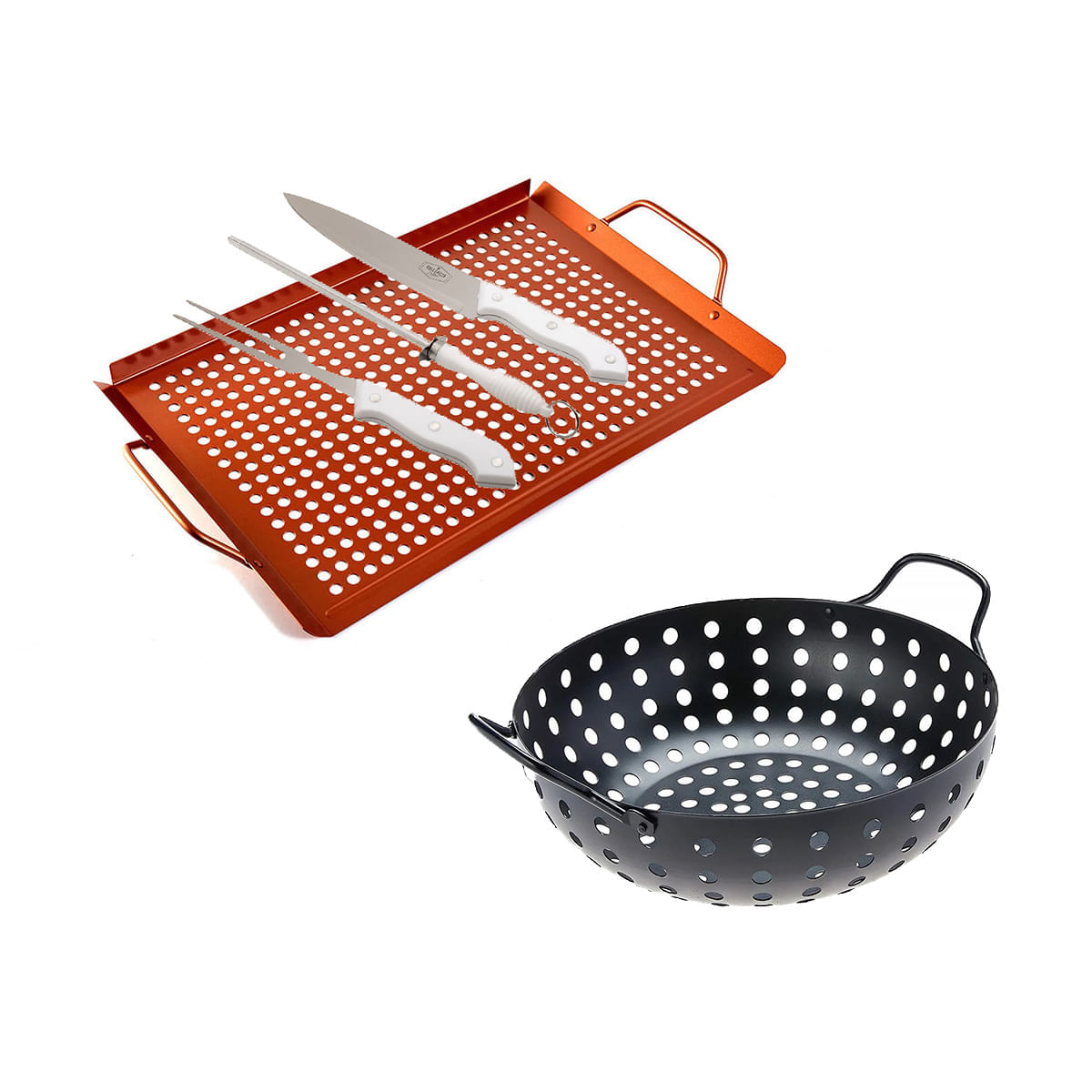 Kit Churrasco 5 Pçs Wok Bandeja Faca Garfo e Chaira Prana